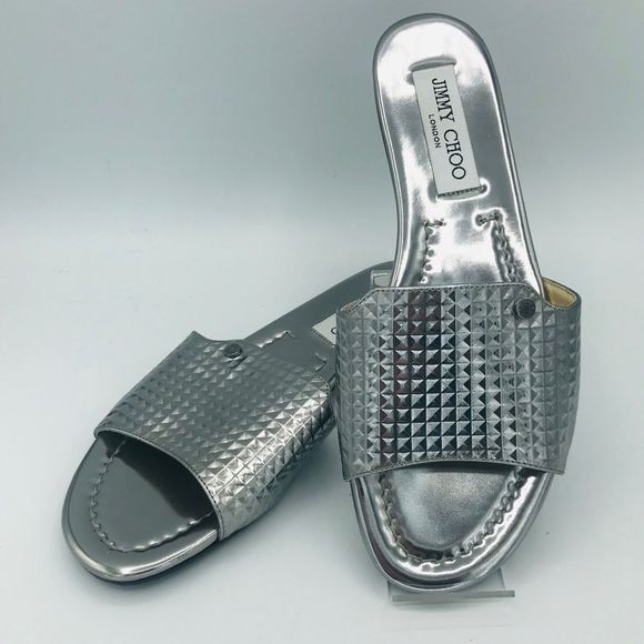 NWOB! JIMMY CHOO STEEL MIRRORED LEATHER SLIDES - Picture 3 of 7